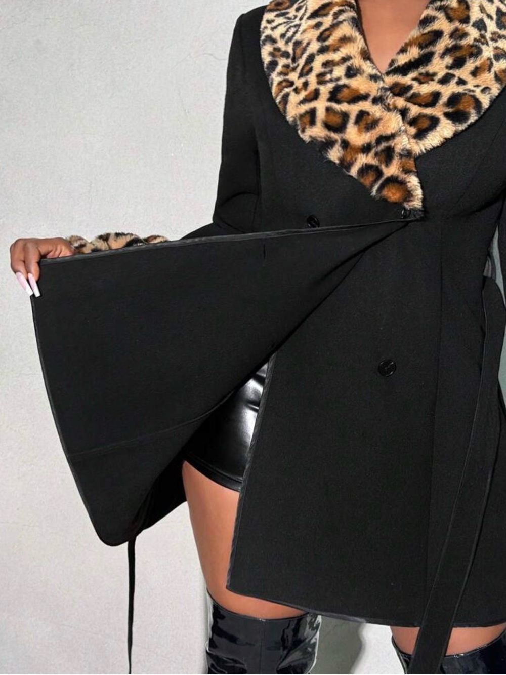 Black Women's Trench Coat with Leopard Faux-Fur Trim - Picture 4 of 6